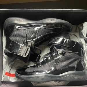 Prada Glossy Black Lace-Up Sneakers